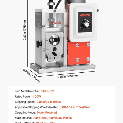 Electric Wire Stripping Machine, 1.5-40 mm, 400W Automatic Motorized Cable Stripper, 9.84 IPS (15 m/min) Wire Peeler with Alloy Blades, V-Shaped Rollers, Cooling Fan, for Scrap Copper Recycling.