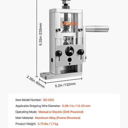 Manual Wire Stripping Machine, 1.5-25 mm, Copper Stripper with Hand Crank or Drill Powered, 64Mn Quenched Blades, 45# Steel Rollers, Aluminum Alloy Frame Wire Peeler, for Scrap Copper Recycling.