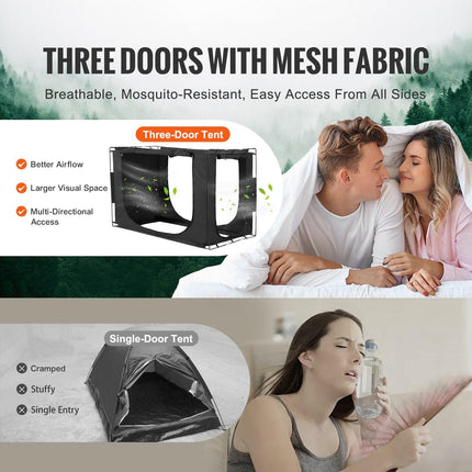 3 Doors Bed Tent Breathable Tent 70% Blackout with 9.5 mm Fiber Poles.
