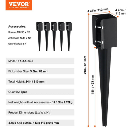 Fence Post Anchor Ground Spike 6 Pack 24 x 4 x 4 In Metal Fence Stakes.