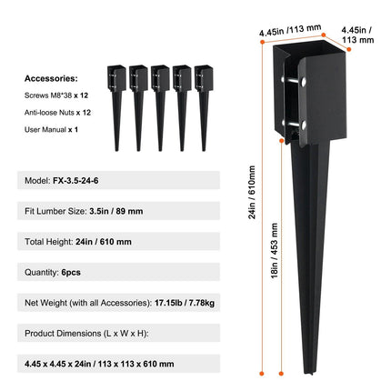 Fence Post Anchor Ground Spike 6 Pack 24 x 4 x 4 In Metal Fence Stakes.