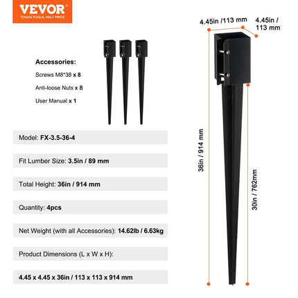 Fence Post Anchor Ground Spike 4 Pack 36 x 4 x 4 In Metal Fence Stakes.