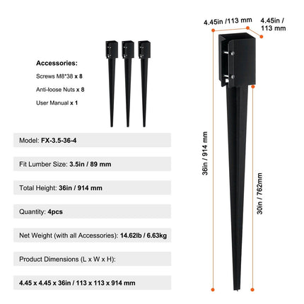 Fence Post Anchor Ground Spike 4 Pack 36 x 4 x 4 In Metal Fence Stakes.