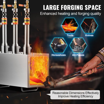 Portable Propane Forge, 3 Burner Farrier Forge, 2600℉ Tool and Knife Making Blacksmithing Gas Forge, Large Capacity Square Stainless Steel Gas Forging Tools and Equipment for Metal Forging.