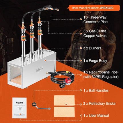 Portable Propane Forge, 3 Burner Farrier Forge, 2600℉ Tool and Knife Making Blacksmithing Gas Forge, Large Capacity Square Stainless Steel Gas Forging Tools and Equipment for Metal Forging.