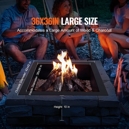 Fire Pit Ring, 42x42 in Outer/36x36 in Inner Diameter, 10inch Height Square Fire Pit Insert, Heavy Duty Carbon Steel Liner DIY Campfire Ring above or In-Ground, for Outdoor Camping, Bonfires.