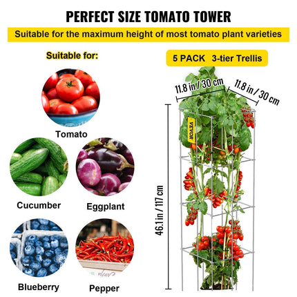 Tomato Cages, 30 x 30 x 117 cm, 5 Packs Square Plant Support Cages, Silver PVC-Coated Steel Tomato Towers for Climbing Vegetables, Plants, Flowers, Fruits.