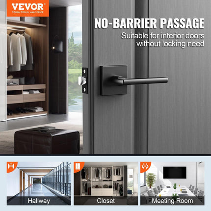 Passage Door Handle, 1 Pack Matte Black Door Lever, Left or Right Handing Reversible Lever Non-Locking, Rotation to Open, Square Interior Door Handles for Hallways, Closets, Meeting Spaces.