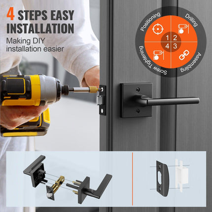 Passage Door Handle, 1 Pack Matte Black Door Lever, Left or Right Handing Reversible Lever Non-Locking, Rotation to Open, Square Interior Door Handles for Hallways, Closets, Meeting Spaces.