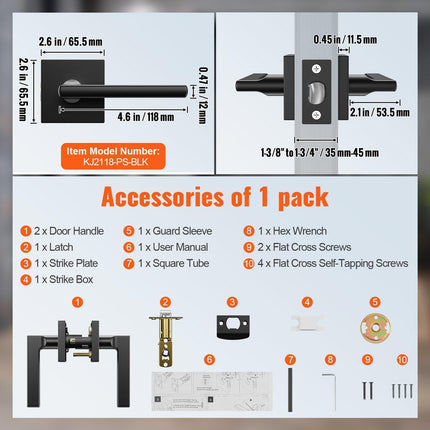 Passage Door Handle, 1 Pack Matte Black Door Lever, Left or Right Handing Reversible Lever Non-Locking, Rotation to Open, Square Interior Door Handles for Hallways, Closets, Meeting Spaces.
