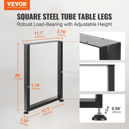 711.2MM Adjustable Furniture Legs, Square Reinforced Steel Office Table legs Set of 2 for DIY, Max Load 453.6KG Heavy Duty Desk Legs, Quick Instalation & Rich Accessories Legs Black.