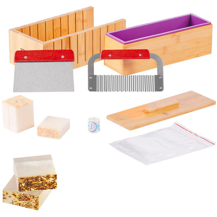 Soap Making Kit, Bamboo Cutting Box and Inner Box with Silicone Mold, Stainless Steel Straight Cutter and Wavy Cutter, 100 Bags and 105 Stickers, Soap Making Supplies DIY Kits for Adults.