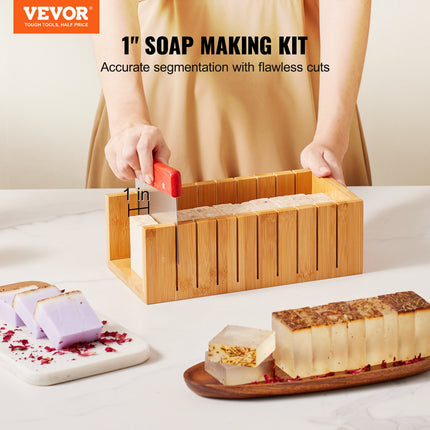 Soap Making Kit, Bamboo Cutting Box and Inner Box with Silicone Mold, Stainless Steel Straight Cutter and Wavy Cutter, 100 Bags and 105 Stickers, Soap Making Supplies DIY Kits for Adults.