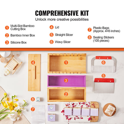 Soap Making Kit, Bamboo Cutting Box and Inner Box with Silicone Mold, Stainless Steel Straight Cutter and Wavy Cutter, 100 Bags and 105 Stickers, Soap Making Supplies DIY Kits for Adults.