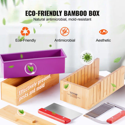 Soap Making Kit, Bamboo Cutting Box and Inner Box with Silicone Mold, Stainless Steel Straight Cutter and Wavy Cutter, 100 Bags and 105 Stickers, Soap Making Supplies DIY Kits for Adults.