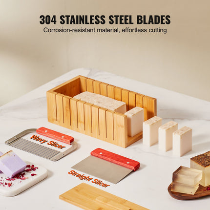 Soap Making Kit, Bamboo Cutting Box and Inner Box with Silicone Mold, Stainless Steel Straight Cutter and Wavy Cutter, 100 Bags and 105 Stickers, Soap Making Supplies DIY Kits for Adults.