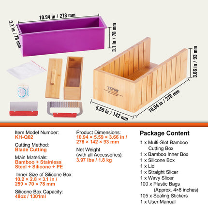 Soap Making Kit, Bamboo Cutting Box and Inner Box with Silicone Mold, Stainless Steel Straight Cutter and Wavy Cutter, 100 Bags and 105 Stickers, Soap Making Supplies DIY Kits for Adults.