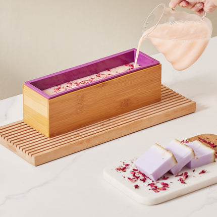 Soap Making Kit, Bamboo Cutting Box and Inner Box with Silicone Mold, Stainless Steel Straight Cutter and Wavy Cutter, 100 Bags and 105 Stickers, Soap Making Supplies DIY Kits for Adults.