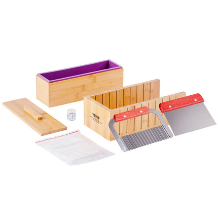 Soap Making Kit, Bamboo Cutting Box and Inner Box with Silicone Mold, Stainless Steel Straight Cutter and Wavy Cutter, 100 Bags and 105 Stickers, Soap Making Supplies DIY Kits for Adults.
