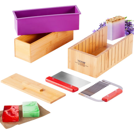 Soap Making Kit, Bamboo Cutting Box and Inner Box with Silicone Mold, Stainless Steel Straight Cutter and Wavy Cutter, 100 Bags and 105 Stickers, Soap Making Supplies DIY Kits for Adults.