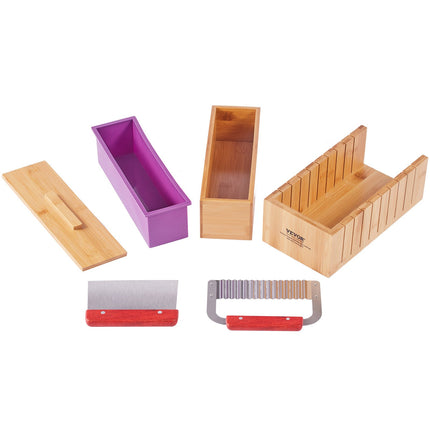 Soap Making Kit, Bamboo Cutting Box and Inner Box with Silicone Mold, Stainless Steel Straight Cutter and Wavy Cutter, 100 Bags and 105 Stickers, Soap Making Supplies DIY Kits for Adults.