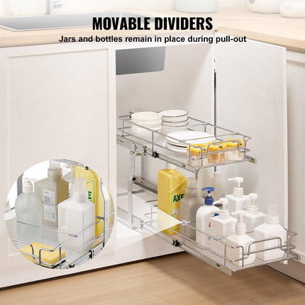 12"Wx21"Dx15"H Pull Out Cabinet Organizer, Heavy Duty Slide Out Pantry Shelves, Steel Roll Out Drawers, Sliding Drawer Storage for Home Under Sink, 13.5"Wx22"Dx18"H Install Size for Cabinet.