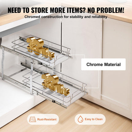 12"Wx21"Dx15"H Pull Out Cabinet Organizer, Heavy Duty Slide Out Pantry Shelves, Steel Roll Out Drawers, Sliding Drawer Storage for Home Under Sink, 13.5"Wx22"Dx18"H Install Size for Cabinet.