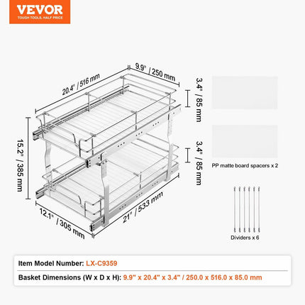 12"Wx21"Dx15"H Pull Out Cabinet Organizer, Heavy Duty Slide Out Pantry Shelves, Steel Roll Out Drawers, Sliding Drawer Storage for Home Under Sink, 13.5"Wx22"Dx18"H Install Size for Cabinet.
