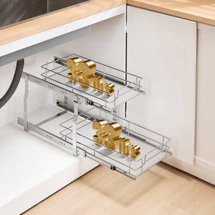 12"Wx21"Dx15"H Pull Out Cabinet Organizer, Heavy Duty Slide Out Pantry Shelves, Steel Roll Out Drawers, Sliding Drawer Storage for Home Under Sink, 13.5"Wx22"Dx18"H Install Size for Cabinet.