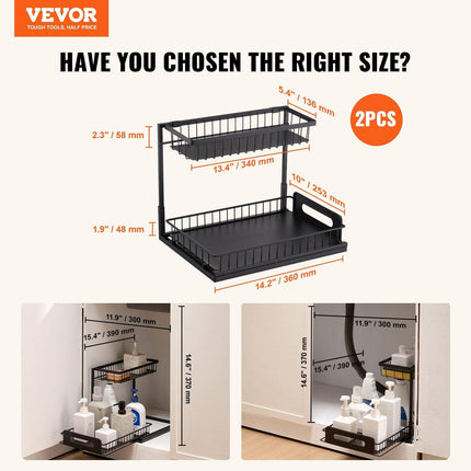 2-Tier Wire Pull Out Cabinet Under Sink Basket Organizer 10.7"x14.2" 2PCS.
