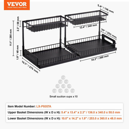 2-Tier Wire Pull Out Cabinet Under Sink Basket Organizer 10.7"x14.2" 2PCS.