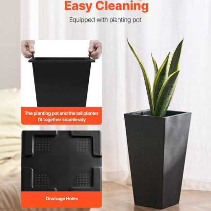 Tall Planter, Set of 2 Tall Square Tapered Planters, 57 cm Large Modern Gardening and Flower Plastic Pots, Decorative Tall Black Planter with Drainage Hole, for Porch, Patio, Indoor & Outdoor.