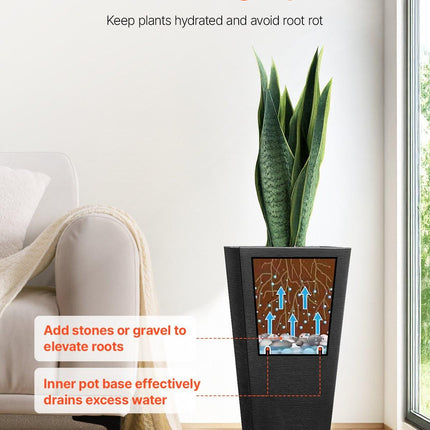 Tall Planter, Set of 2 Tall Square Tapered Planters, 57 cm Large Modern Gardening and Flower Plastic Pots, Decorative Tall Black Planter with Drainage Hole, for Porch, Patio, Indoor & Outdoor.