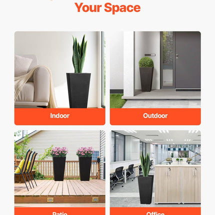 Tall Planter, Set of 2 Tall Square Tapered Planters, 57 cm Large Modern Gardening and Flower Plastic Pots, Decorative Tall Black Planter with Drainage Hole, for Porch, Patio, Indoor & Outdoor.