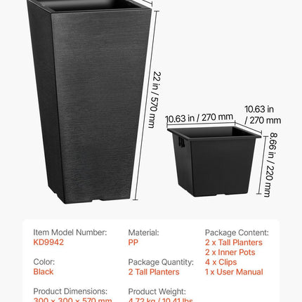 Tall Planter, Set of 2 Tall Square Tapered Planters, 57 cm Large Modern Gardening and Flower Plastic Pots, Decorative Tall Black Planter with Drainage Hole, for Porch, Patio, Indoor & Outdoor.
