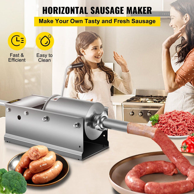 Manual Sausage Stuffer, 3 L / 7 LBS Horizontal Sausage Machine, Dual-Speed Meat Stuffer, Made of Food-Grade 304 Stainless Steel, Includes 5 Stuffing Tubes, for Home Kitchen Restaurant Commercial.