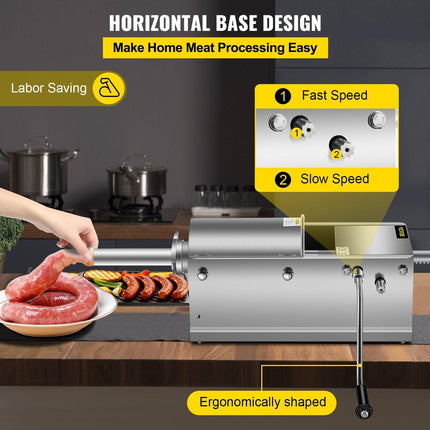 Manual Sausage Stuffer, 3 L / 7 LBS Horizontal Sausage Machine, Dual-Speed Meat Stuffer, Made of Food-Grade 304 Stainless Steel, Includes 5 Stuffing Tubes, for Home Kitchen Restaurant Commercial.