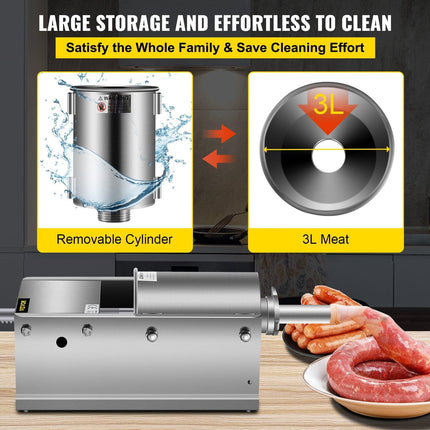 Manual Sausage Stuffer, 3 L / 7 LBS Horizontal Sausage Machine, Dual-Speed Meat Stuffer, Made of Food-Grade 304 Stainless Steel, Includes 5 Stuffing Tubes, for Home Kitchen Restaurant Commercial.