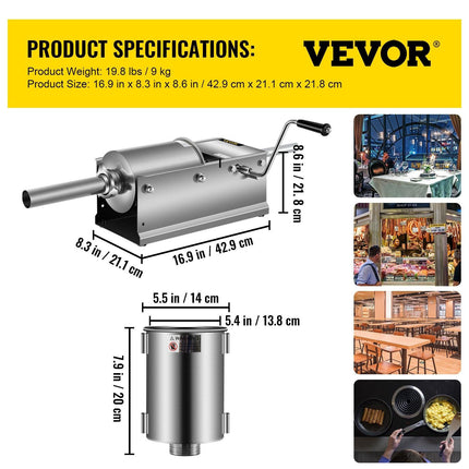 Manual Sausage Stuffer, 3 L / 7 LBS Horizontal Sausage Machine, Dual-Speed Meat Stuffer, Made of Food-Grade 304 Stainless Steel, Includes 5 Stuffing Tubes, for Home Kitchen Restaurant Commercial.