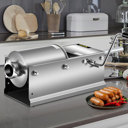 Manual Sausage Stuffer, 3 L / 7 LBS Horizontal Sausage Machine, Dual-Speed Meat Stuffer, Made of Food-Grade 304 Stainless Steel, Includes 5 Stuffing Tubes, for Home Kitchen Restaurant Commercial.
