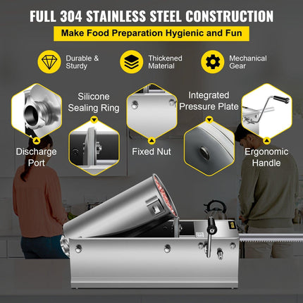Manual Sausage Stuffer, 5 L / 11 LBS Horizontal Sausage Machine, Dual-Speed Meat Stuffer, Made of Food-Grade 304 Stainless Steel, Includes 5 Stuffing Tubes, for Home Kitchen Restaurant Commercia.