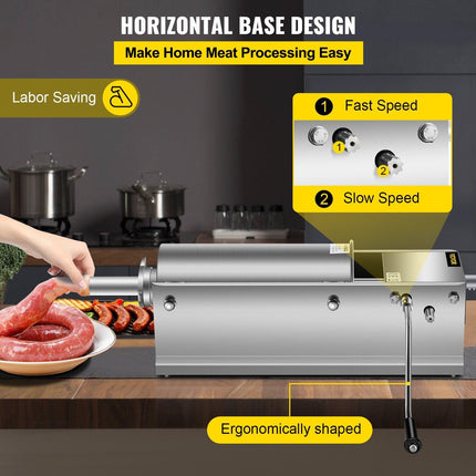 Manual Sausage Stuffer, 5 L / 11 LBS Horizontal Sausage Machine, Dual-Speed Meat Stuffer, Made of Food-Grade 304 Stainless Steel, Includes 5 Stuffing Tubes, for Home Kitchen Restaurant Commercia.