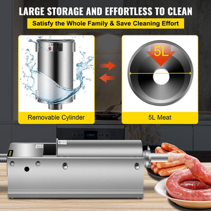 Manual Sausage Stuffer, 5 L / 11 LBS Horizontal Sausage Machine, Dual-Speed Meat Stuffer, Made of Food-Grade 304 Stainless Steel, Includes 5 Stuffing Tubes, for Home Kitchen Restaurant Commercia.