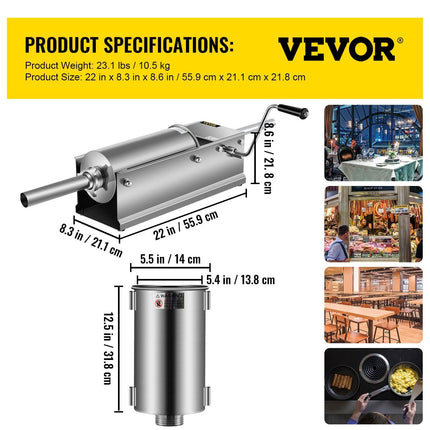 Manual Sausage Stuffer, 5 L / 11 LBS Horizontal Sausage Machine, Dual-Speed Meat Stuffer, Made of Food-Grade 304 Stainless Steel, Includes 5 Stuffing Tubes, for Home Kitchen Restaurant Commercia.