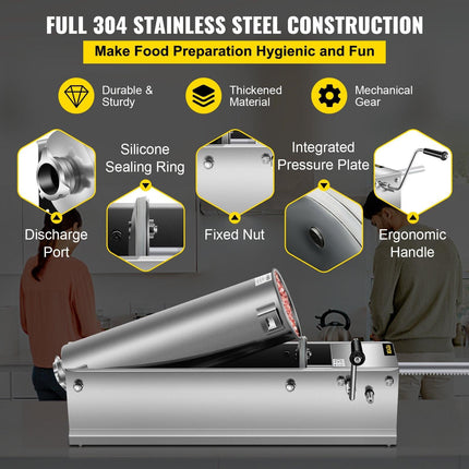 Manual Sausage Stuffer, 7 L / 15 LBS Horizontal Sausage Machine, Dual-Speed Meat Stuffer, Made of Food-Grade 304 Stainless Steel, Includes 5 Stuffing Tubes, for Home Kitchen Restaurant Commercia.