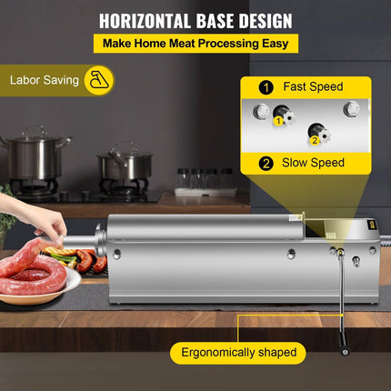 Manual Sausage Stuffer, 7 L / 15 LBS Horizontal Sausage Machine, Dual-Speed Meat Stuffer, Made of Food-Grade 304 Stainless Steel, Includes 5 Stuffing Tubes, for Home Kitchen Restaurant Commercia.