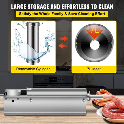 Manual Sausage Stuffer, 7 L / 15 LBS Horizontal Sausage Machine, Dual-Speed Meat Stuffer, Made of Food-Grade 304 Stainless Steel, Includes 5 Stuffing Tubes, for Home Kitchen Restaurant Commercia.