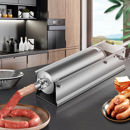 Manual Sausage Stuffer, 7 L / 15 LBS Horizontal Sausage Machine, Dual-Speed Meat Stuffer, Made of Food-Grade 304 Stainless Steel, Includes 5 Stuffing Tubes, for Home Kitchen Restaurant Commercia.