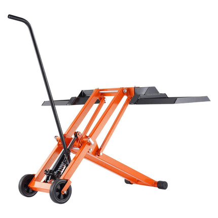 Lawn Mower Lift with Hydraulic Jack, 500 Lbs Weight Capacity, Solid Carbon Steel Lawn Mower Lift, Adjustable Movable Lawn Lifter for Riding Tractors and Zero Turn Lawn Mowers, Orange.