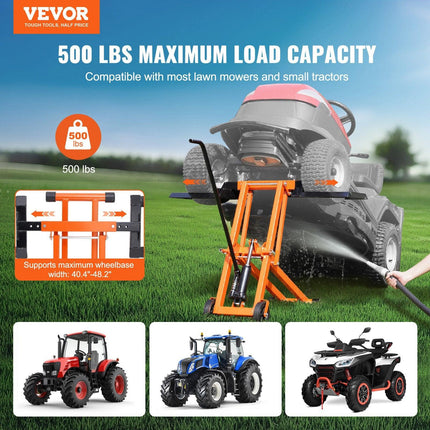 Lawn Mower Lift with Hydraulic Jack, 500 Lbs Weight Capacity, Solid Carbon Steel Lawn Mower Lift, Adjustable Movable Lawn Lifter for Riding Tractors and Zero Turn Lawn Mowers, Orange.